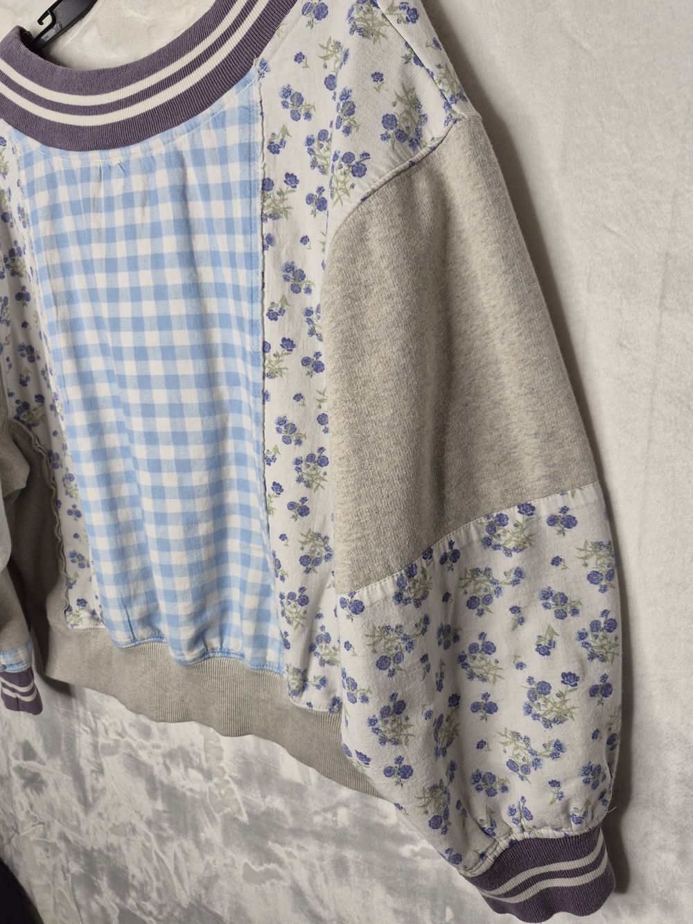 Free People Lucy Patchwork Gingham Floral Varsity V-Neck Sweatshirt Medium - Picture 11 of 15